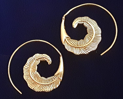 Spiral Brass Earrings from India ~ Feathers
