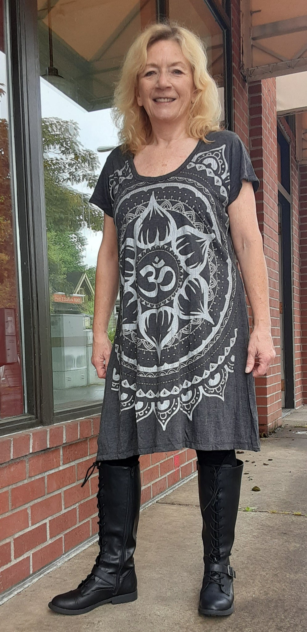 Cotton Tee Shirt Dress ~ Lotus Om Design in Charcoal Gray