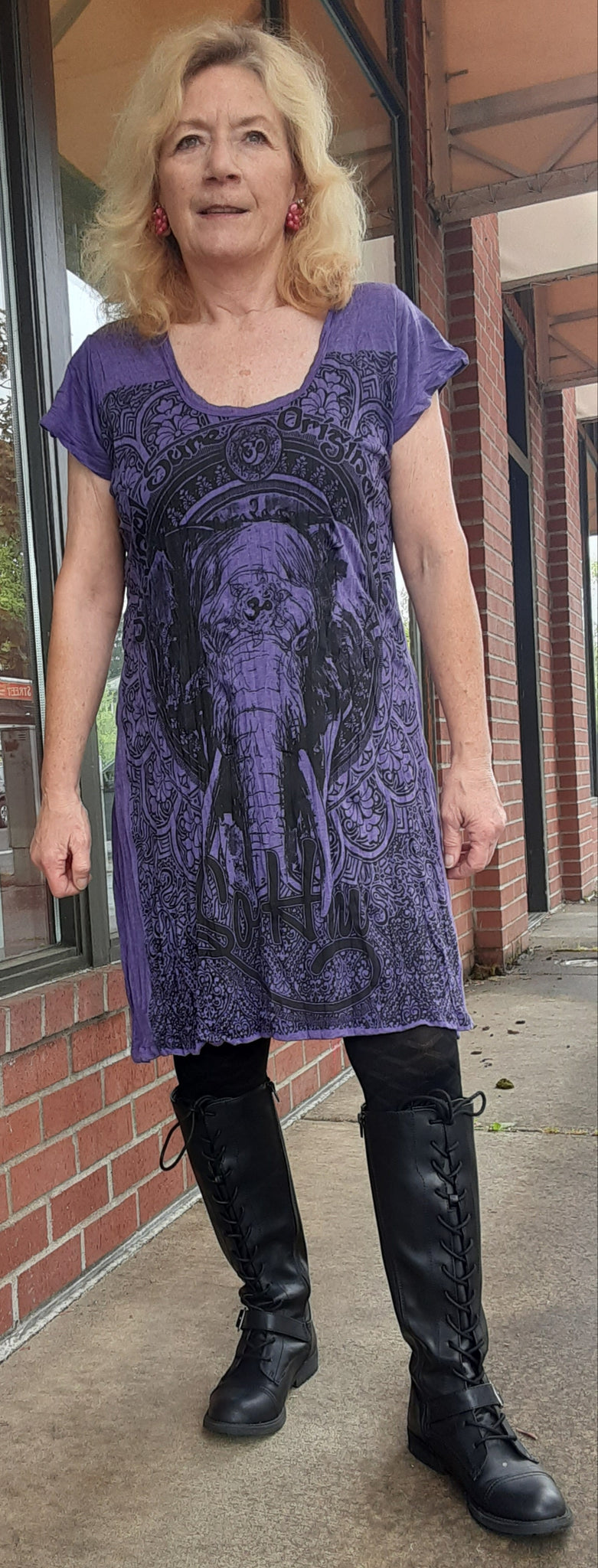 Cotton Tee Shirt Dress ~ Elephant Print in Purple