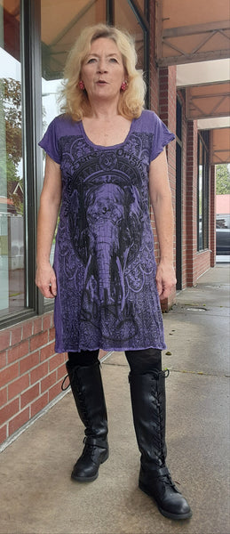 Cotton Tee Shirt Dress ~ Elephant Print in Purple