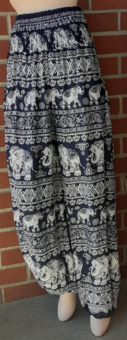 Harem Pants with Ruched Waist - Navy Blue Elephants