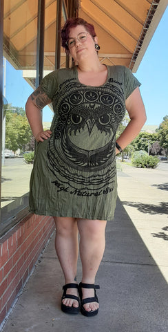 Cotton Tee Shirt Dress - Olive Green - Owl & Hemp Leaves!