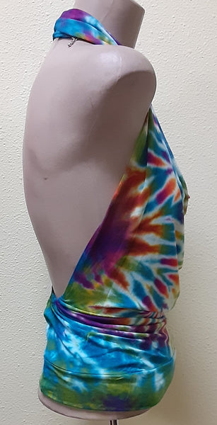 Tie-dye Scoop Neck Backless Top - White Rainbow