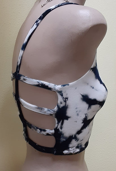 Cage Back Crop Top - Tie-dye - White & Black