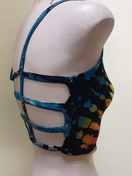 Cage Back Crop Top - Tie-dye - Black Rainbow