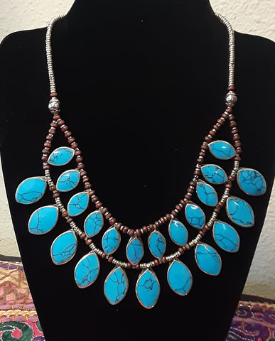 Traditional Necklace from Afghanistan ~ 2 Rows of Light Blue Stone Drops