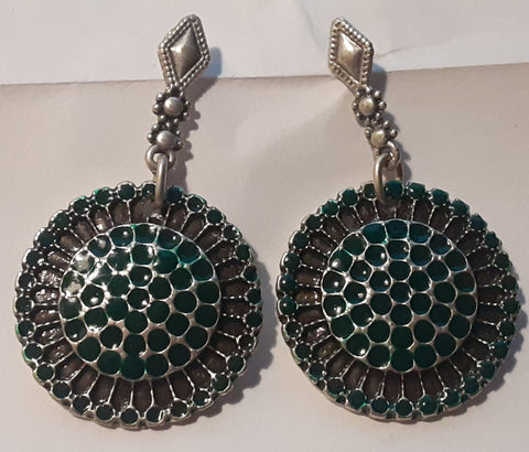 Turkish Earrings ~ Green Enameled Rounds
