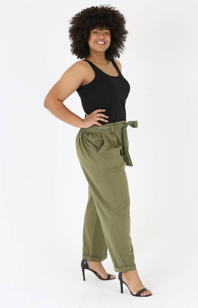 Paper Bag Belted Cargo Trousers in Sustainable Cotton Green